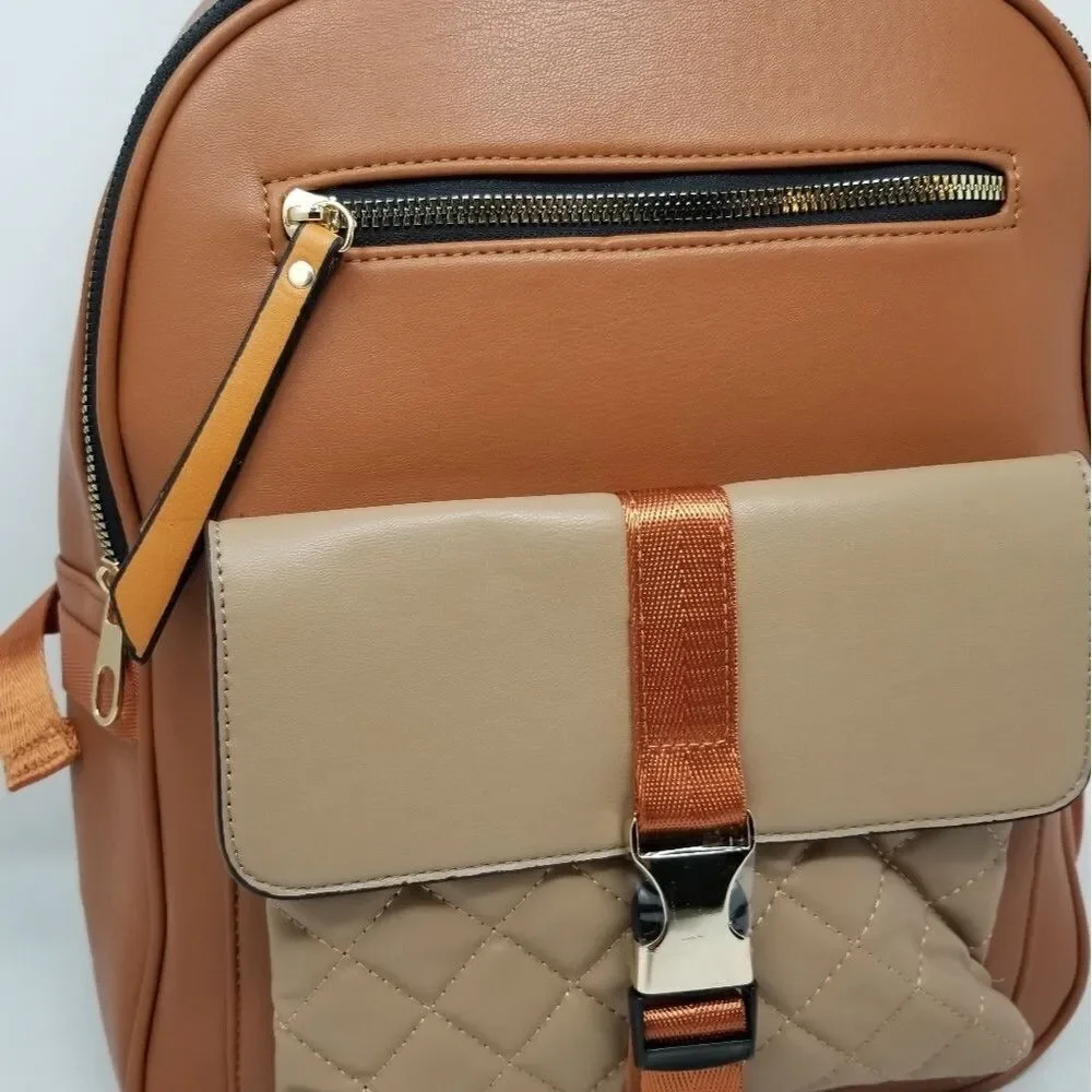 Brown and Khaki Large Square Backpack Purse